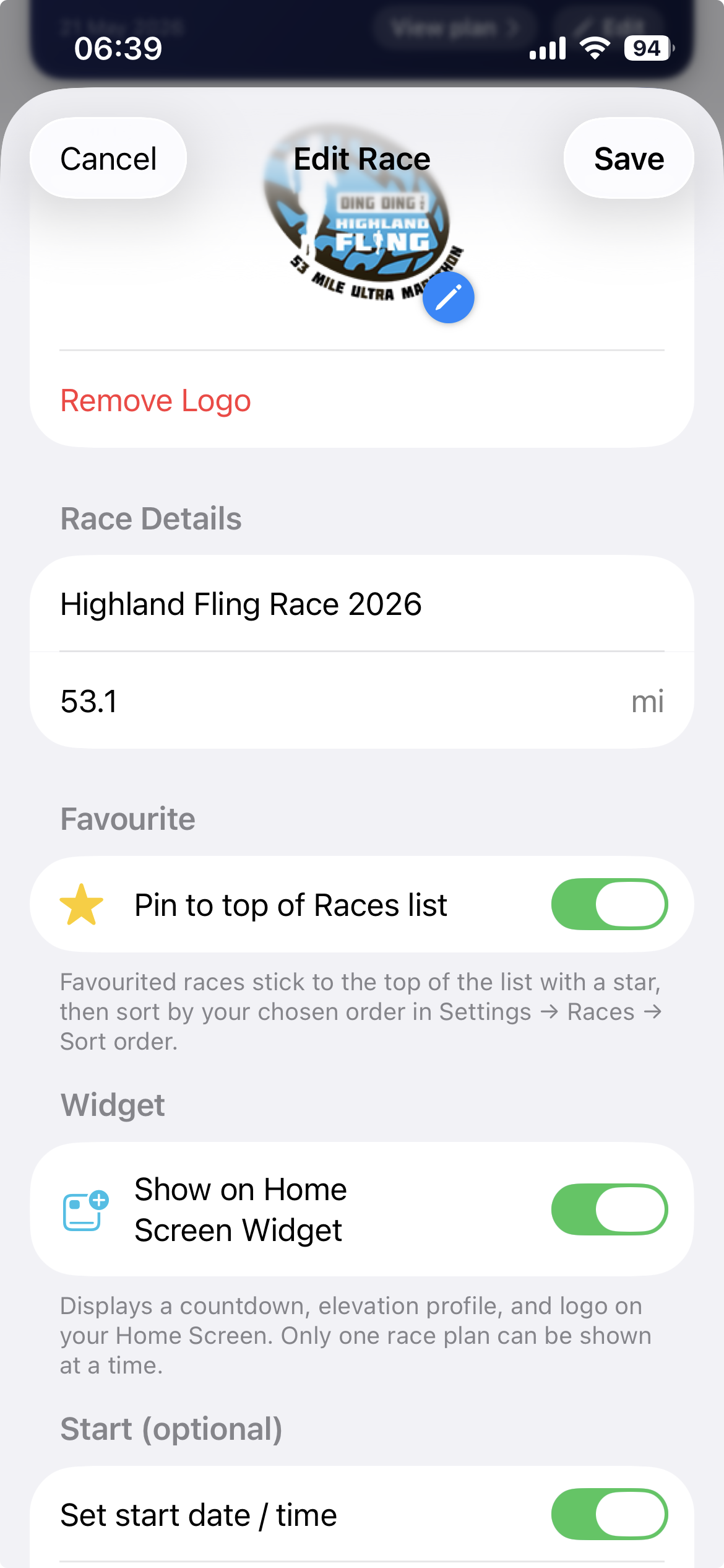 Edit Race settings screen showing the Show on Home Screen Widget toggle