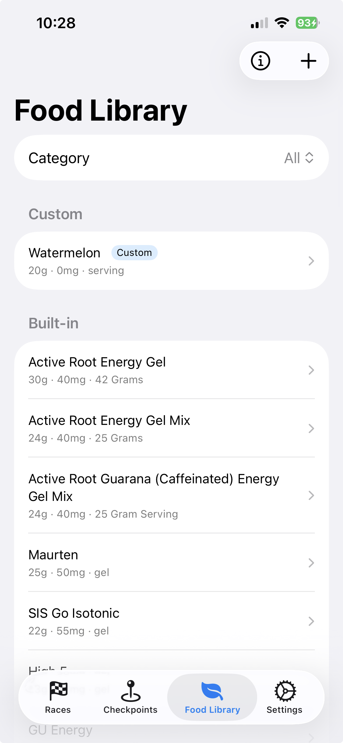 Built-in food library