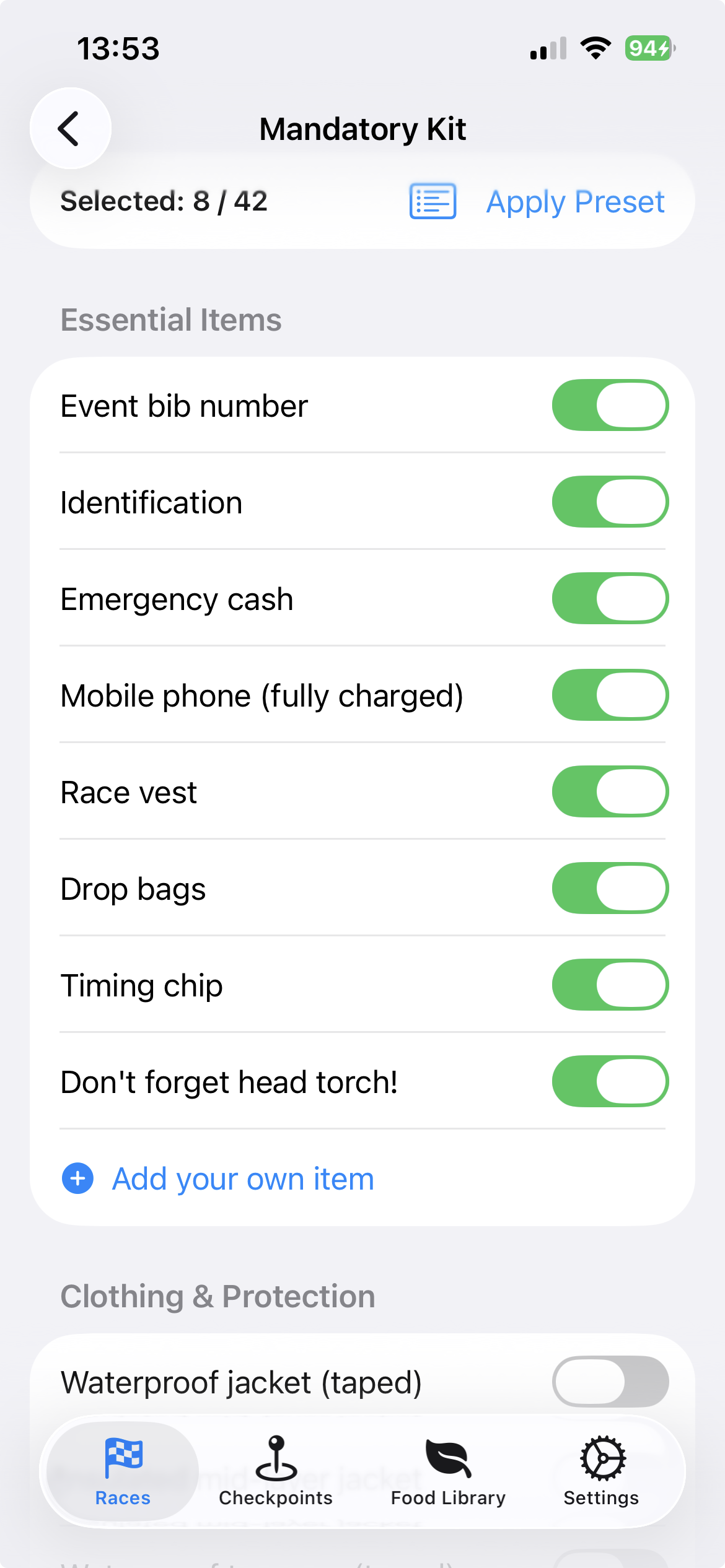 Mandatory kit checklist with custom item
