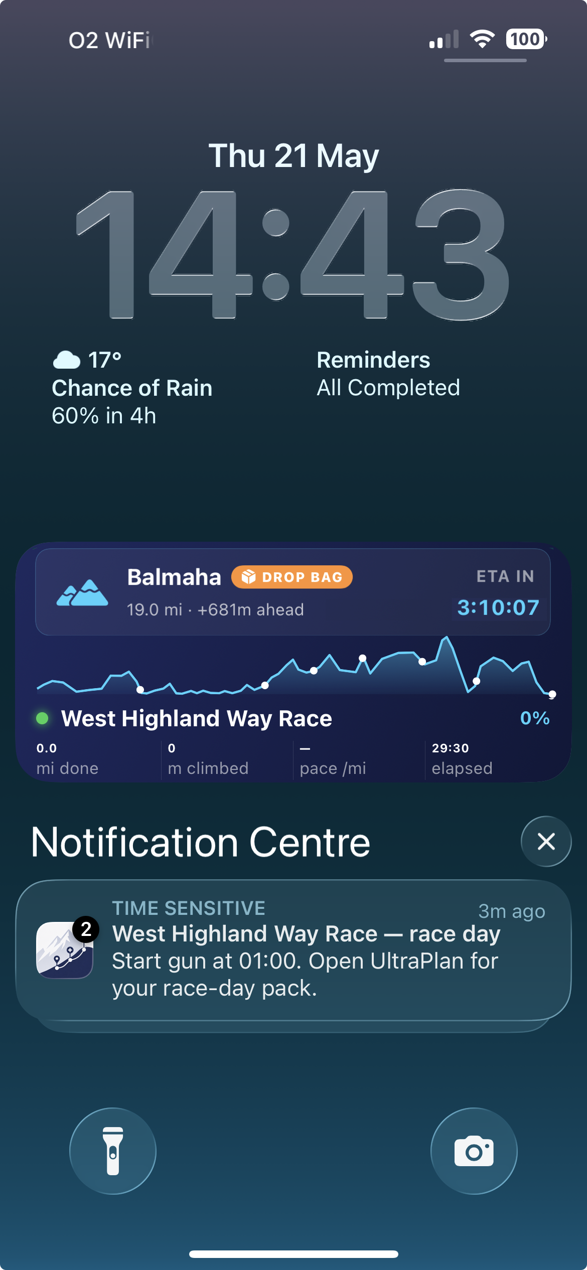 UltraPlanRun Races dashboard on iPhone showing Highland Fling Race 2026, West Highland Way Race and Run the Blades 50K with live countdowns