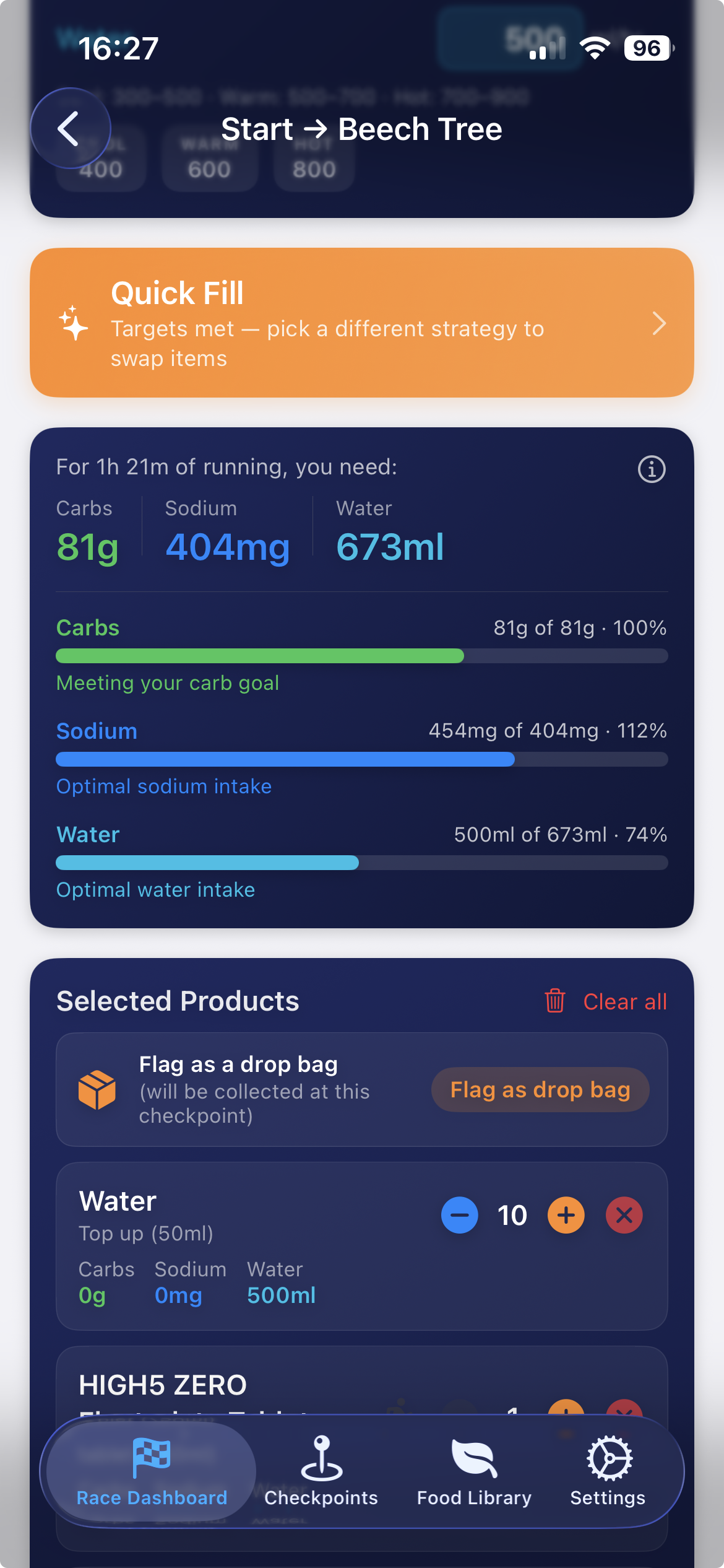 Quick Fill banner with selected products and drop-bag callout