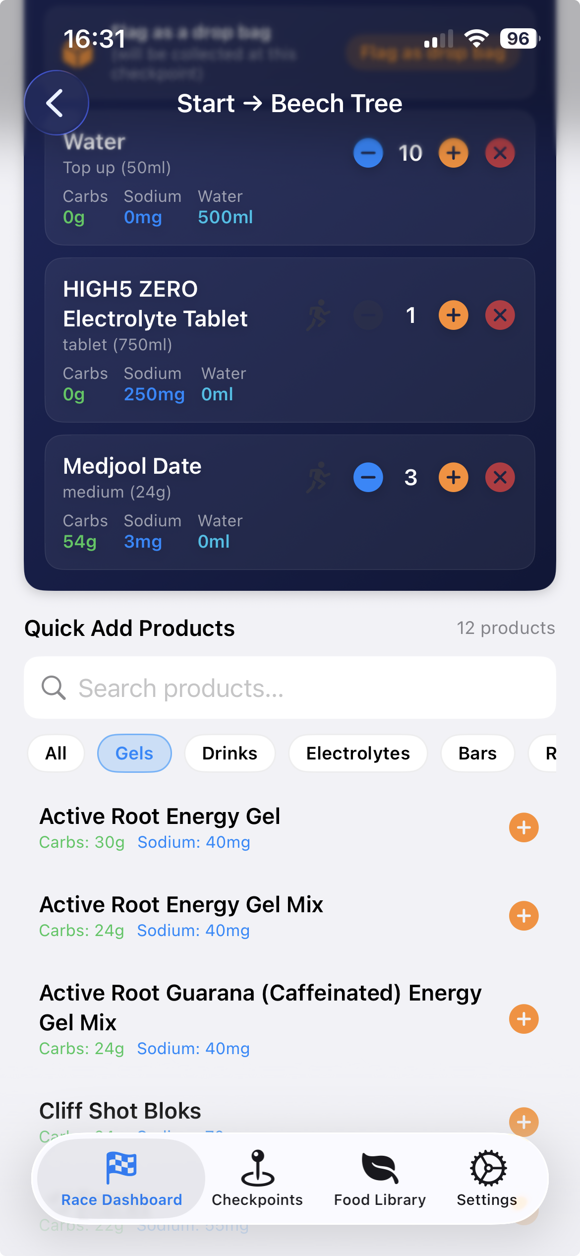 Quick Add Products catalogue showing water, sodium and salts categories with leading brand products