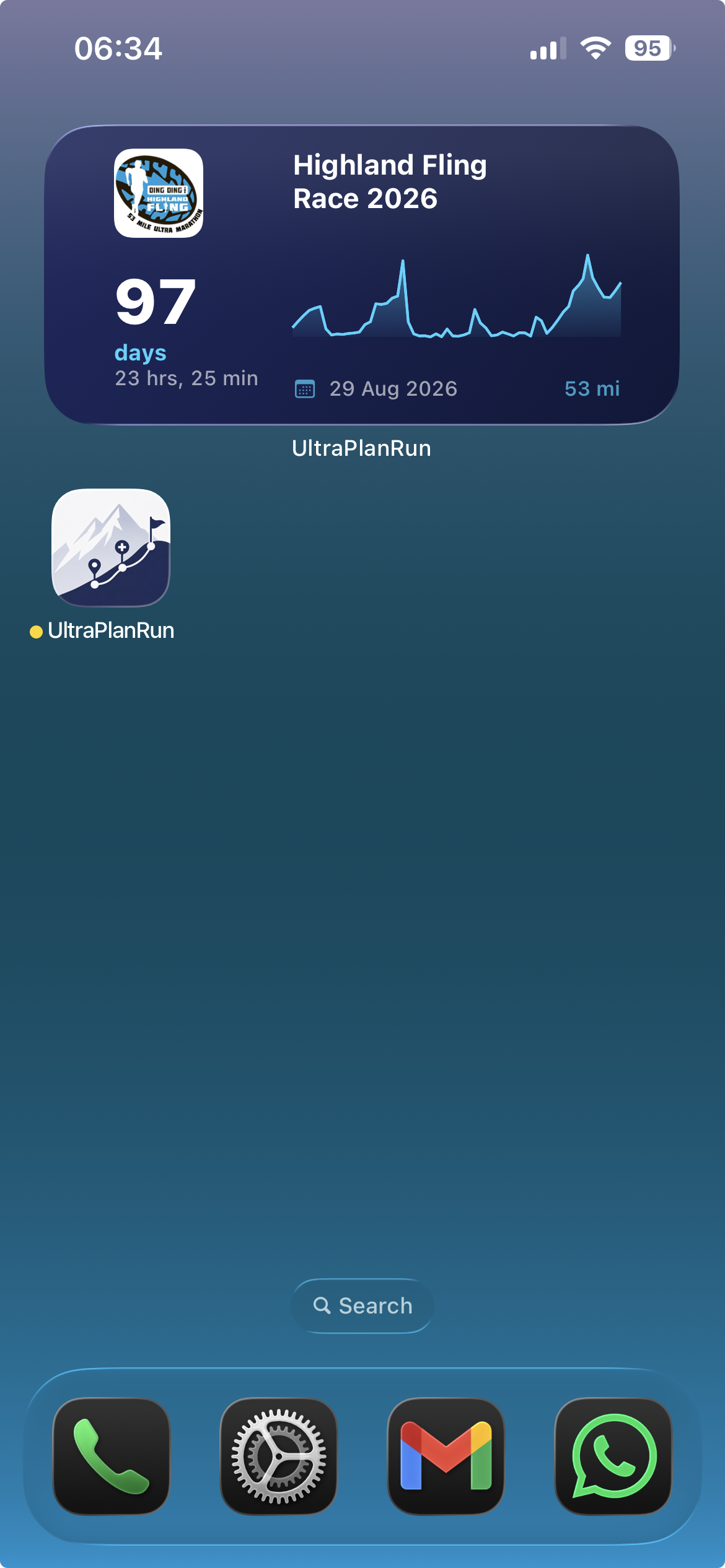 Home screen showing UltraPlanRun countdown widget with elevation profile